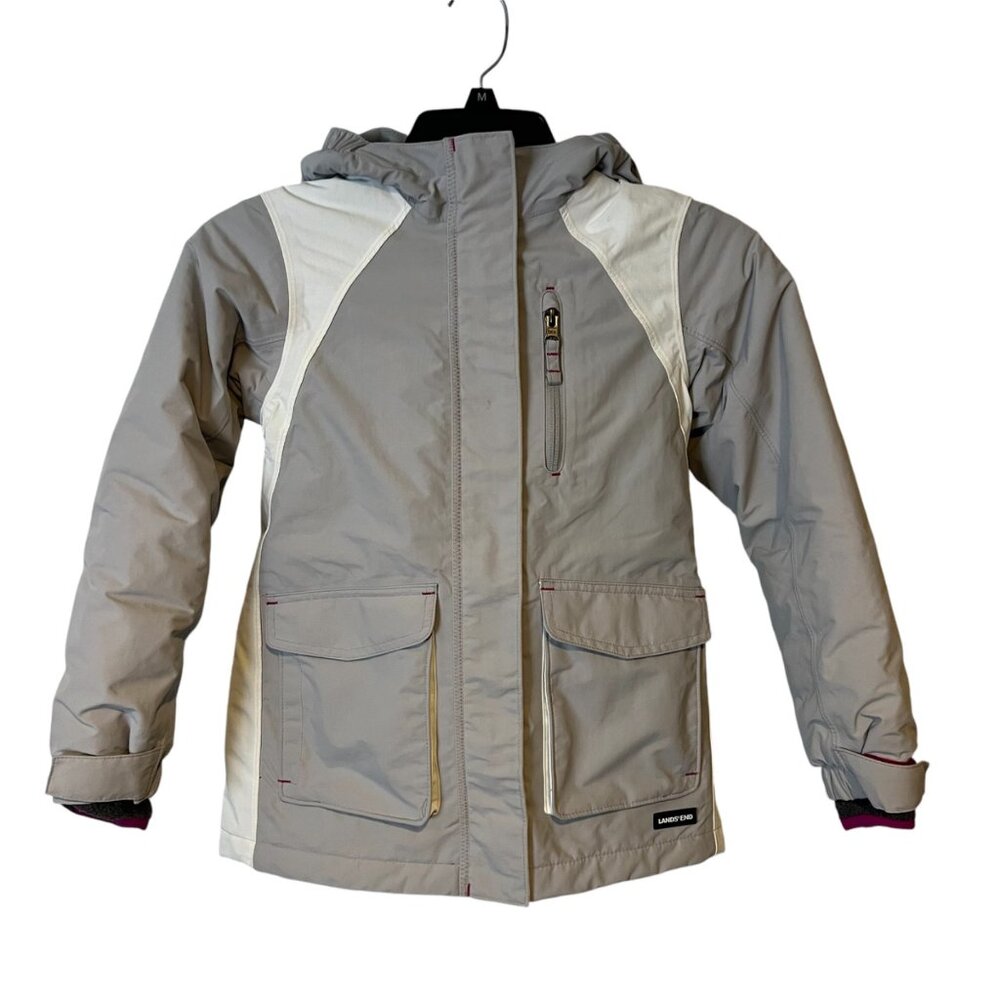 Lands End Girls Winter Coat Jacket Size 5 - 6 Medium Gray White Parka Waterproof